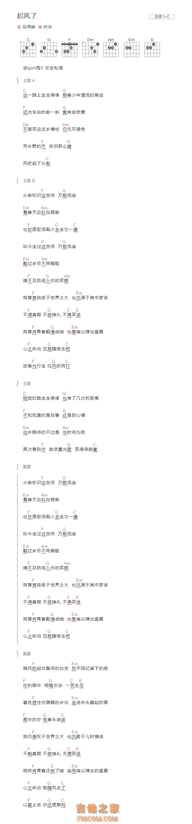 起风了吉他谱C调和弦版 吴青峰