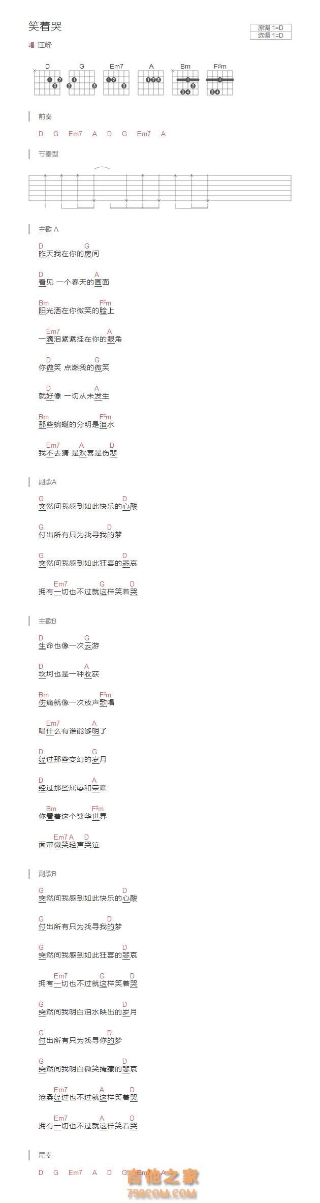 笑着哭吉他谱D调和弦版 汪峰