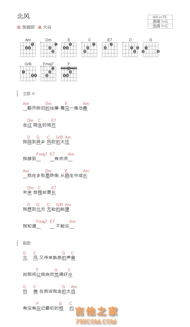 北风吉他谱和弦版 张镐哲