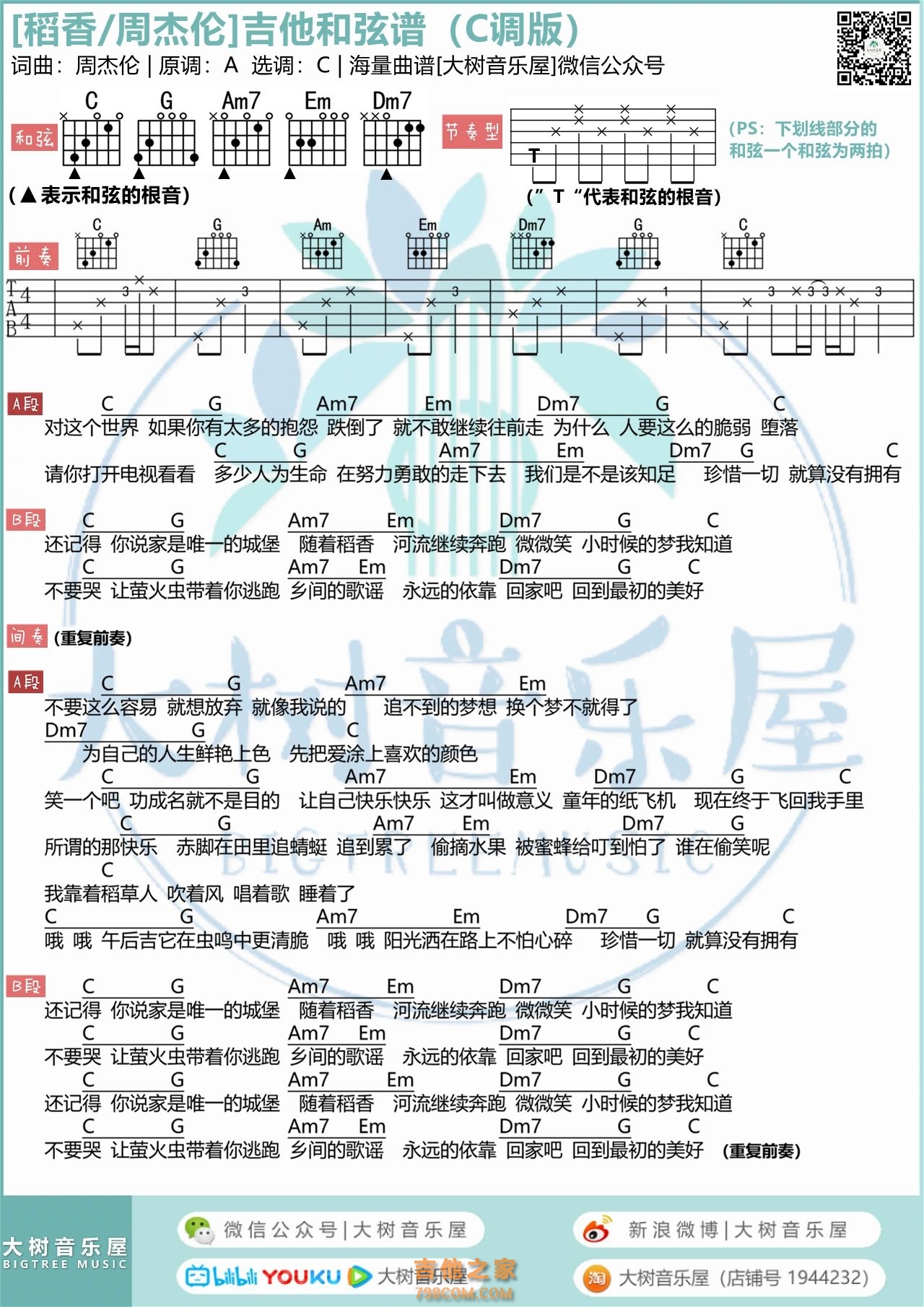 [男生]周杰伦《稻香》吉他谱和弦版
