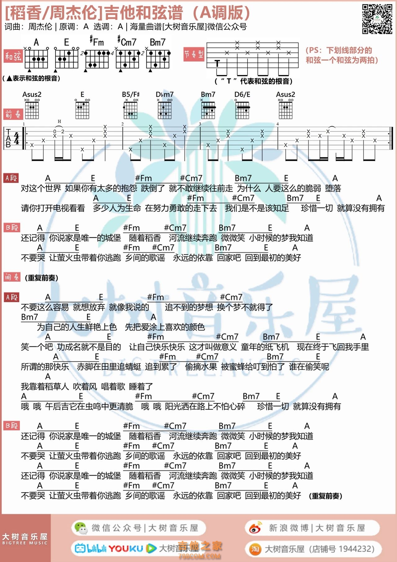 [女生]周杰伦《稻香》吉他谱A调和弦版