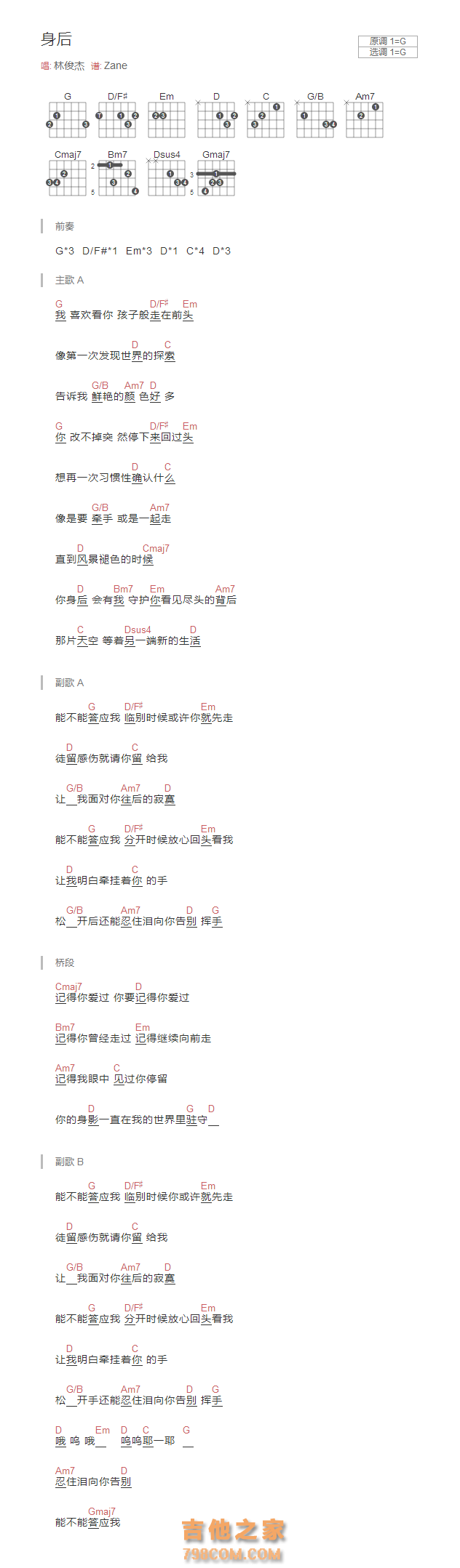 身后吉他谱和弦版 林俊杰