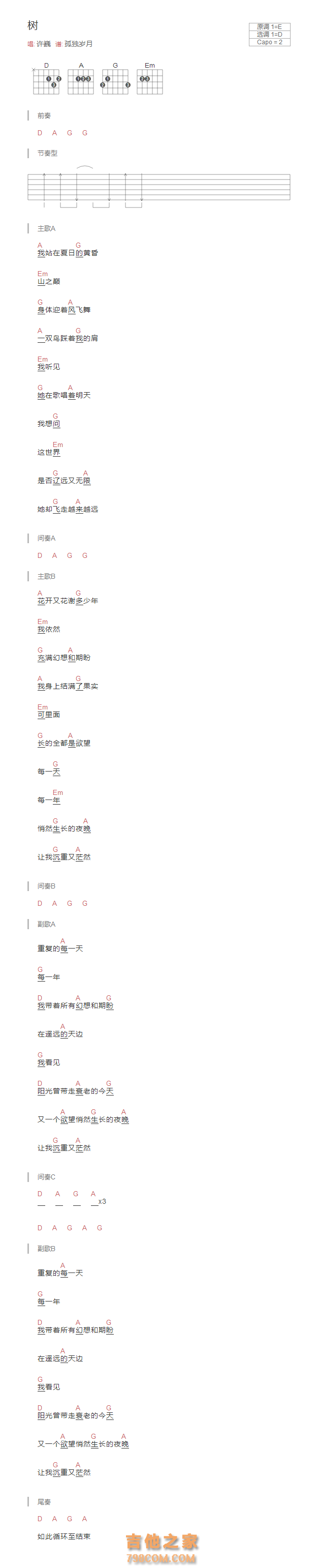 树吉他谱和弦版 许巍