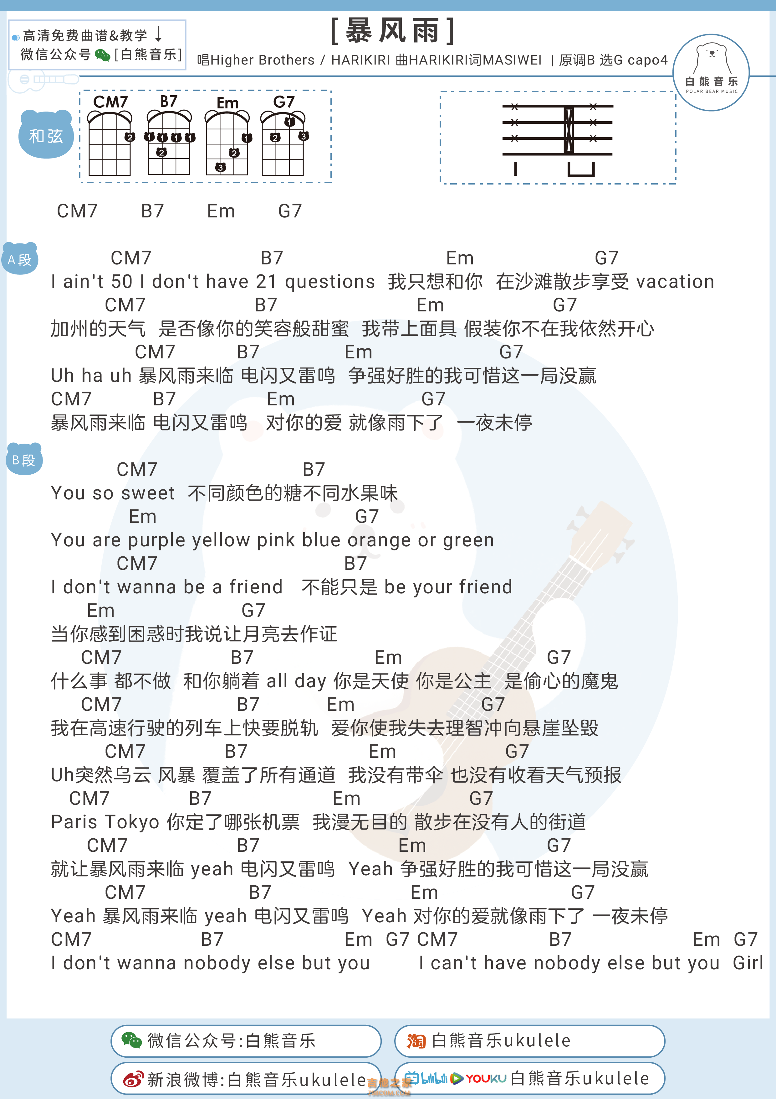 Higher Brothers&HARIKIRI《暴风雨》尤克里里弹唱谱