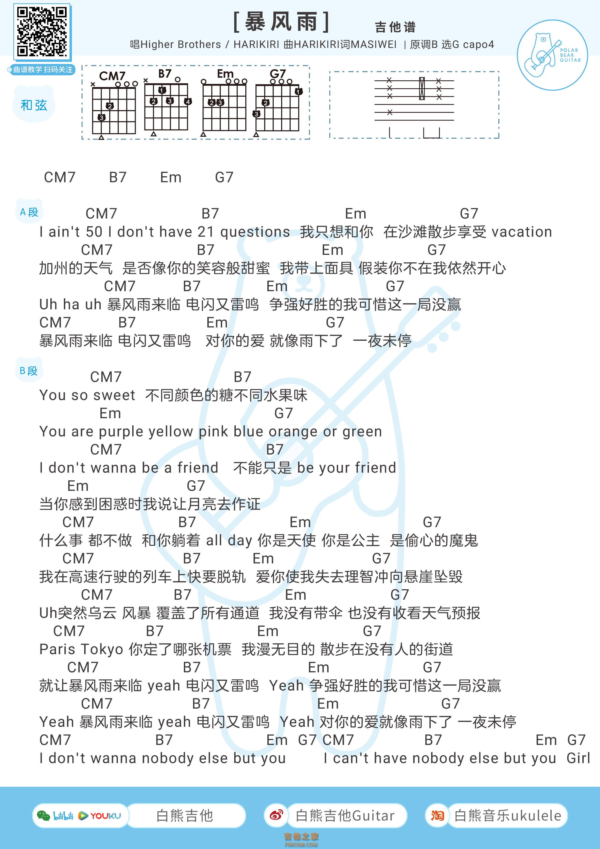 Higher Brothers&HARIKIRI《暴风雨》吉他弹唱谱