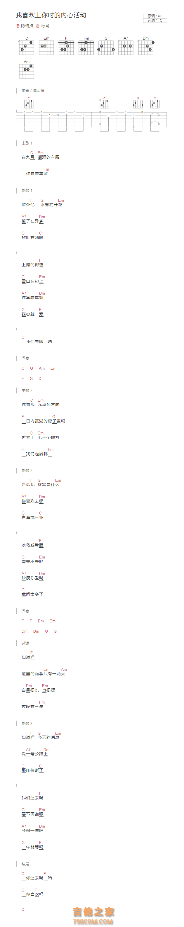 我喜欢上你时的内心活动吉他谱和弦版 陈绮贞