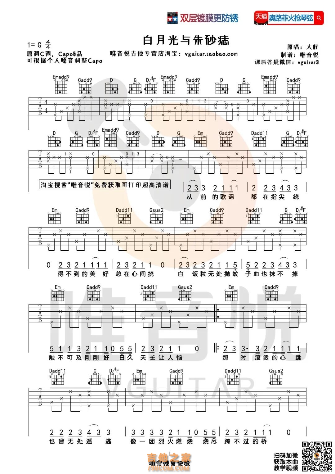 《白月光与朱砂痣》吉他谱