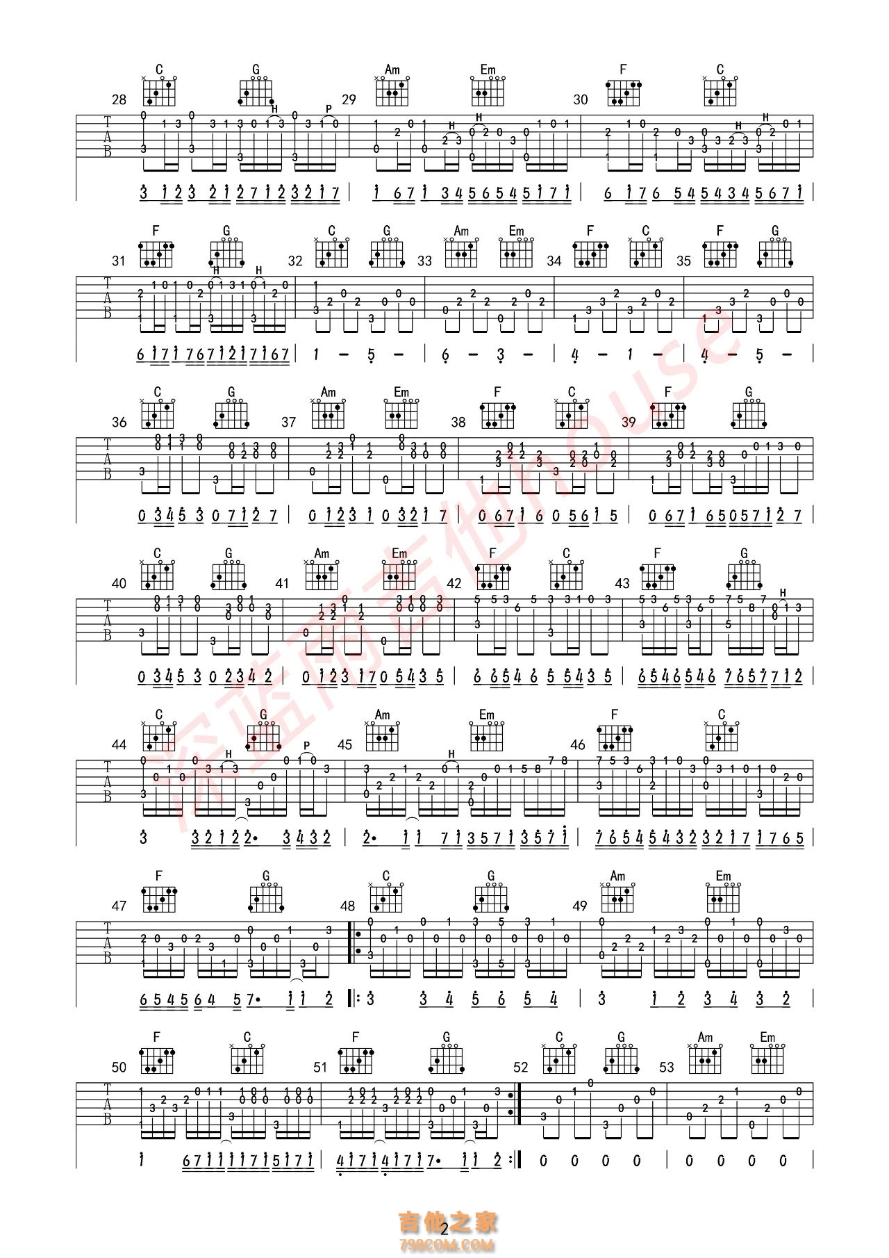 《卡农》C调吉他指弹谱