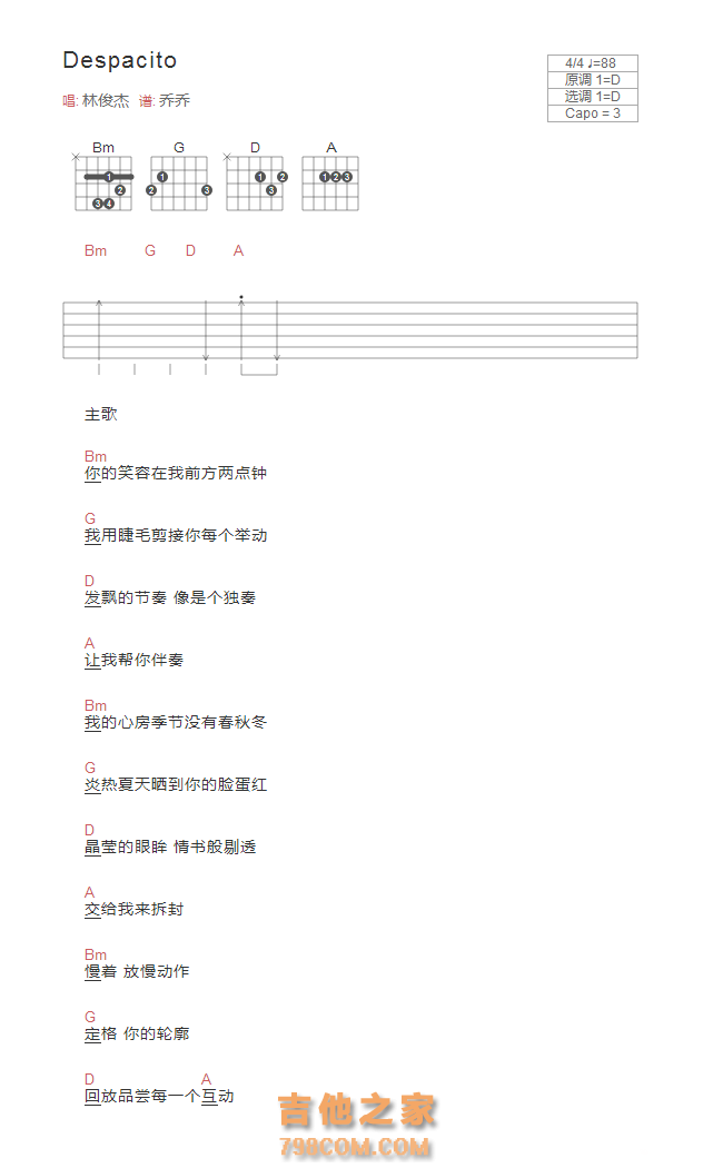 Despacito吉他谱D调和弦版 林俊杰
