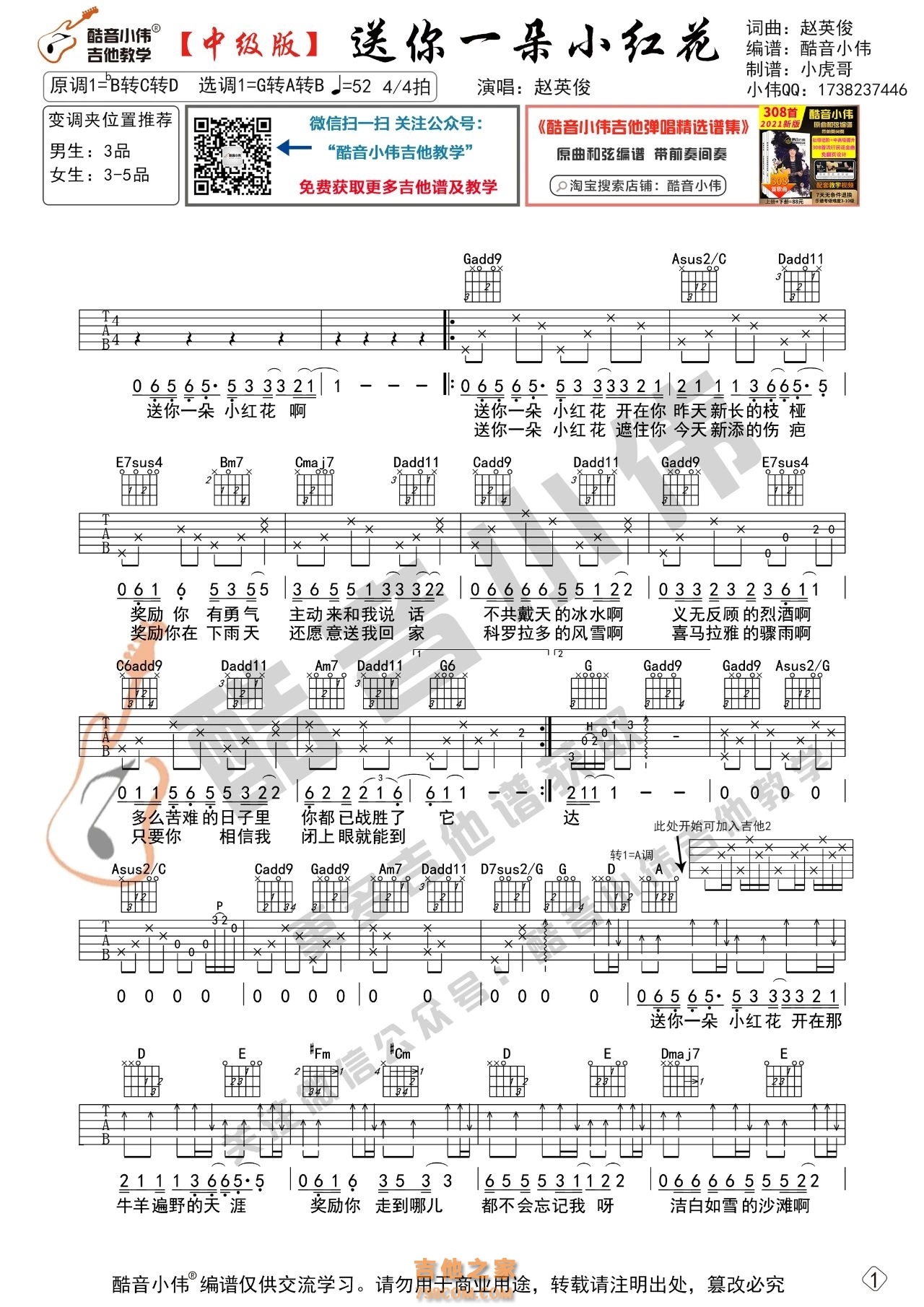 [中级版]赵英俊《送你一朵小红花》吉他谱