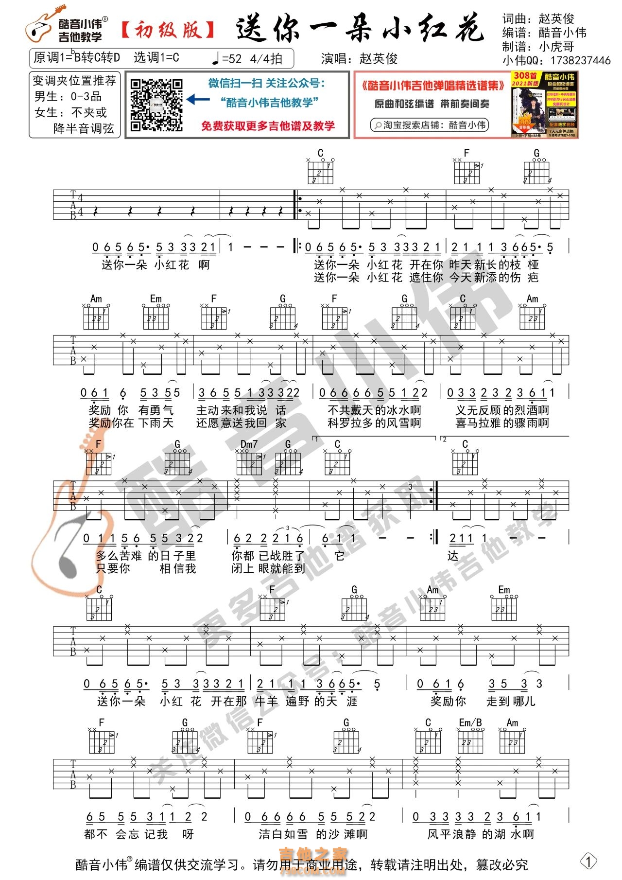 [初级版]赵英俊《送你一朵小红花》吉他谱