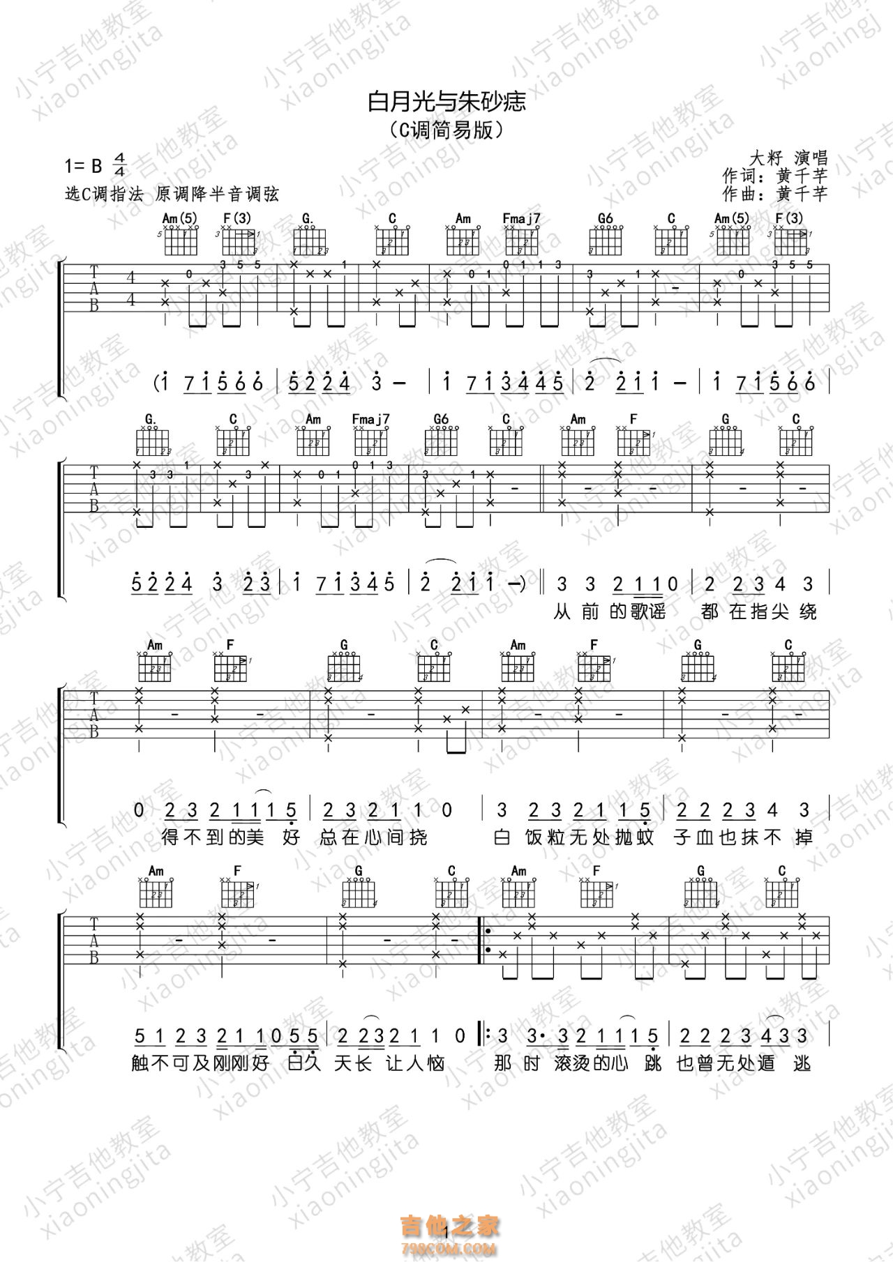 大籽版《白月光与朱砂痣》吉他谱C调