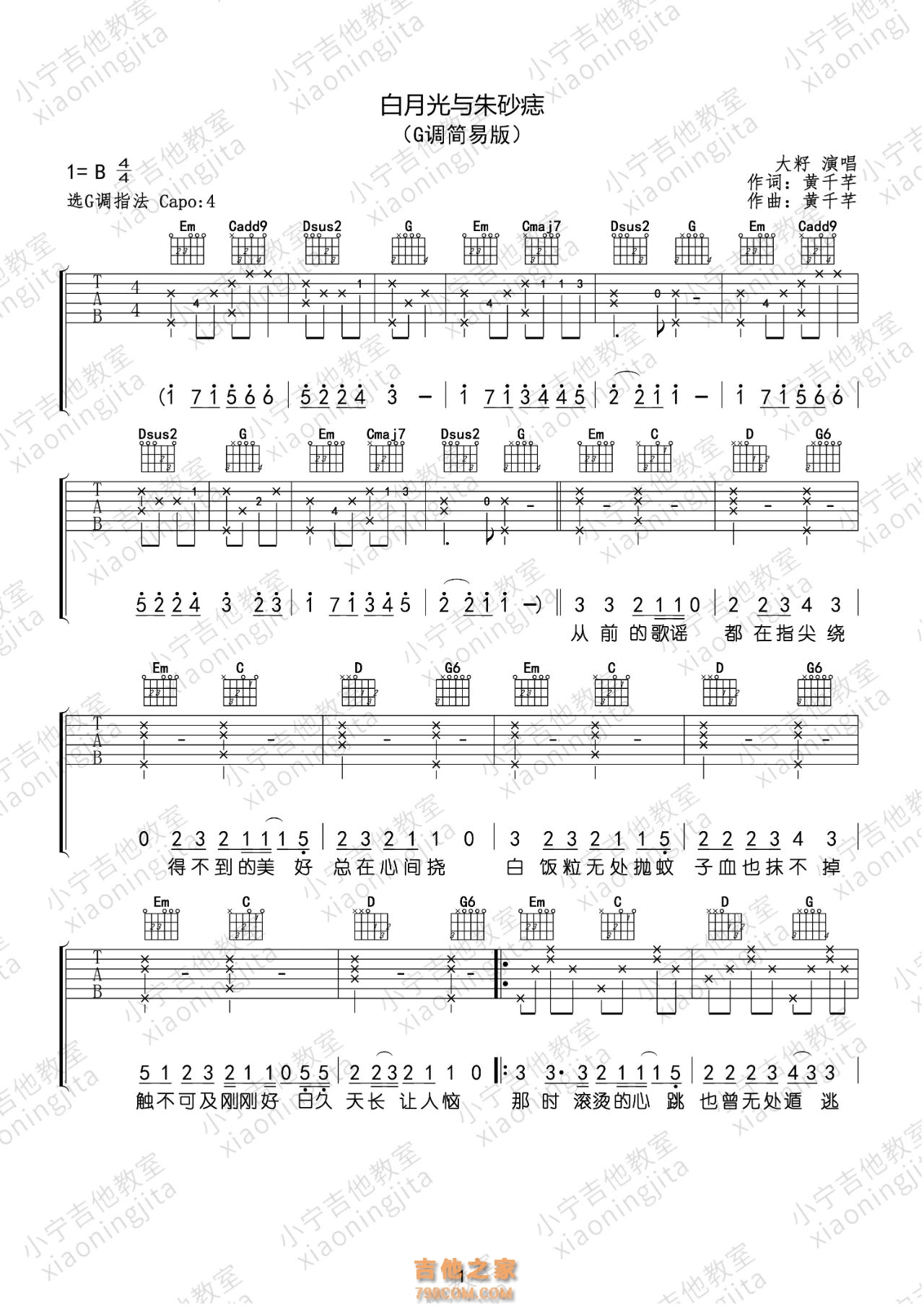 大籽版《白月光与朱砂痣》吉他谱G调