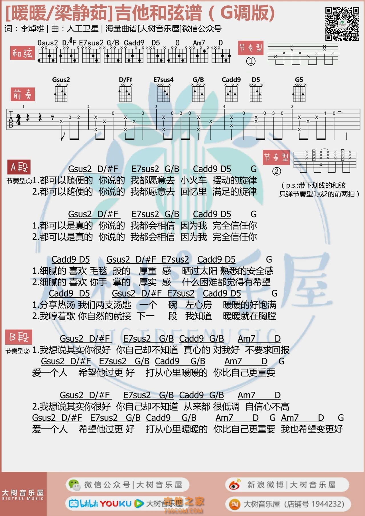 梁静茹《暖暖》吉他弹唱谱和弦版