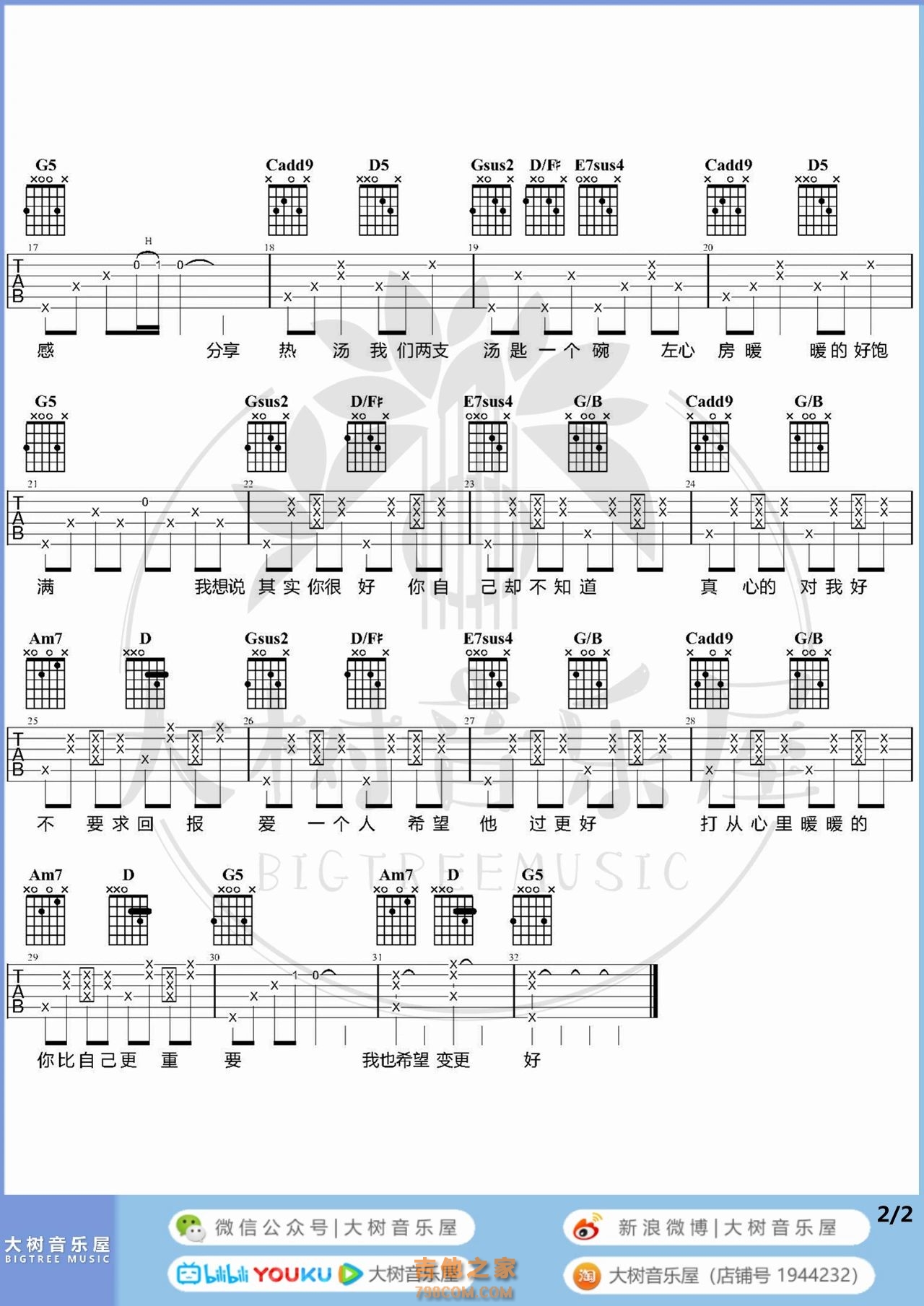 梁静茹《暖暖》吉他弹唱谱和弦版