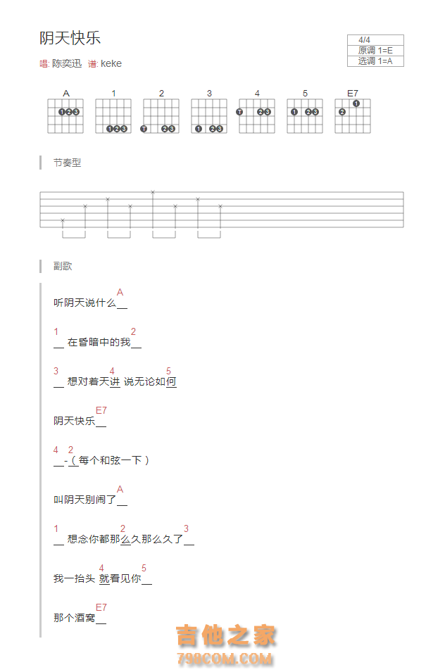 阴天快乐吉他谱和弦版 陈奕迅
