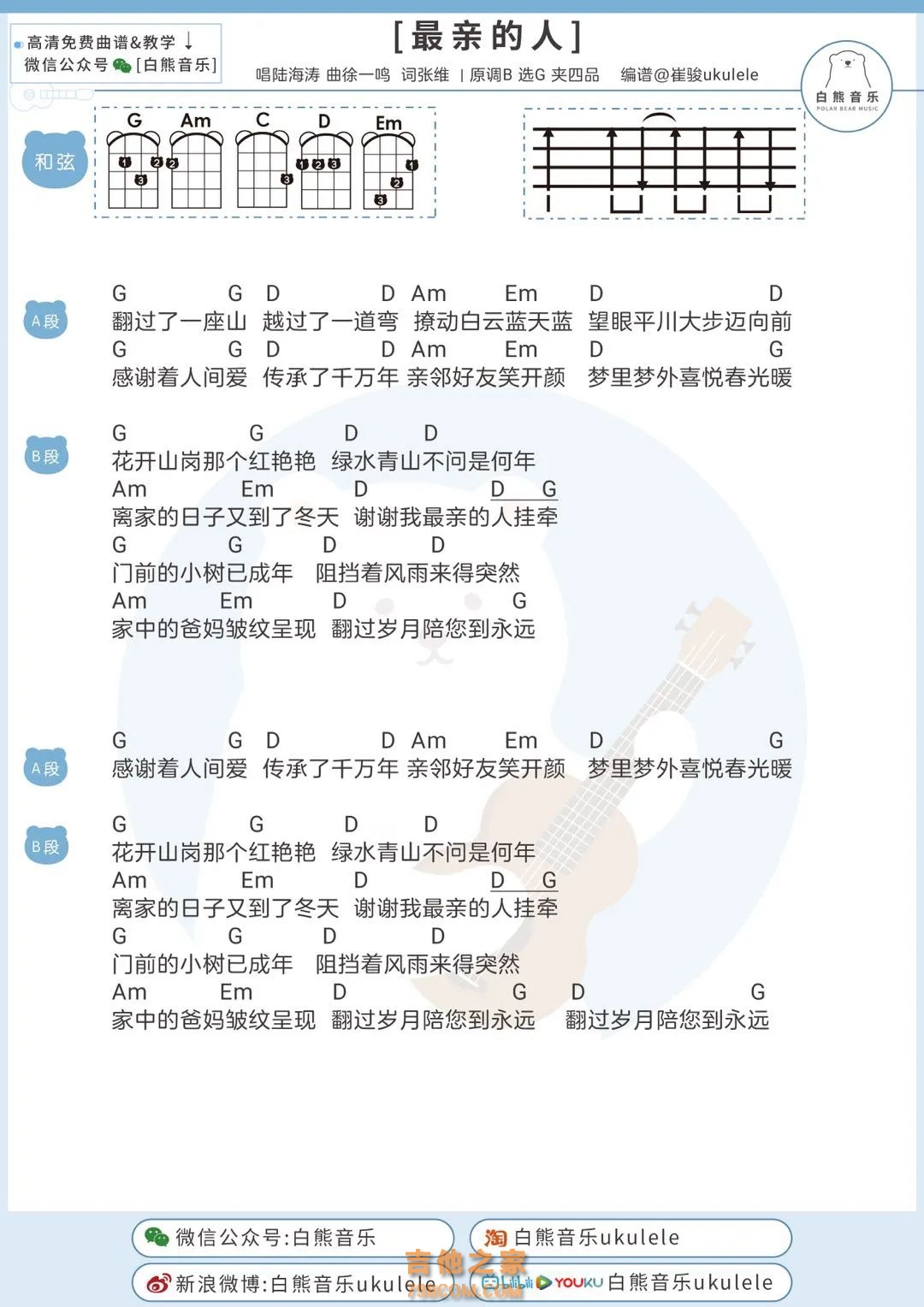 岳云鹏《最亲的人》尤克里里弹唱谱