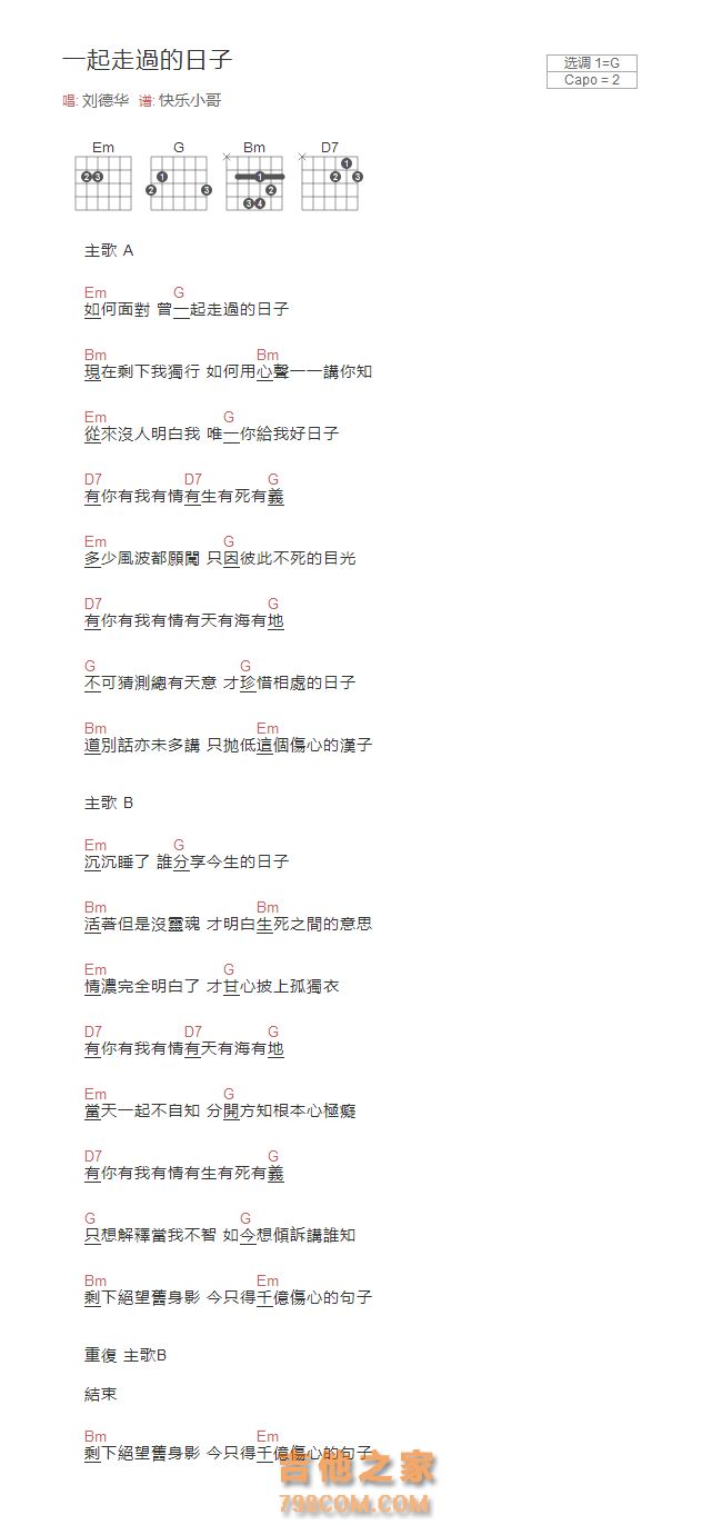 一起走过的日子/一起走過的日子吉他谱和弦版 刘德华