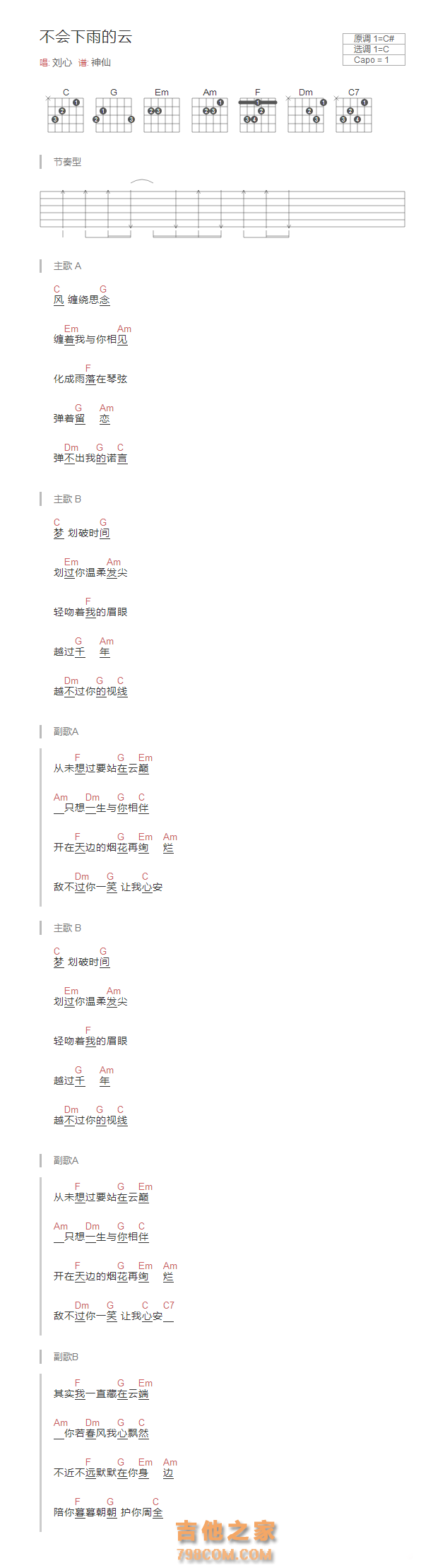 不会下雨的云吉他谱和弦版 刘心