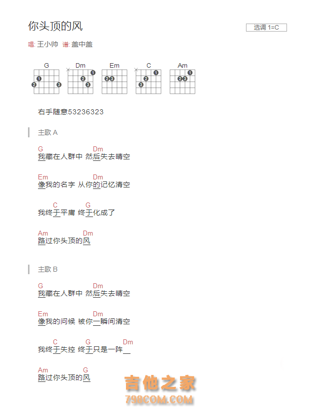你头顶的风吉他谱C调和弦版 王小帅