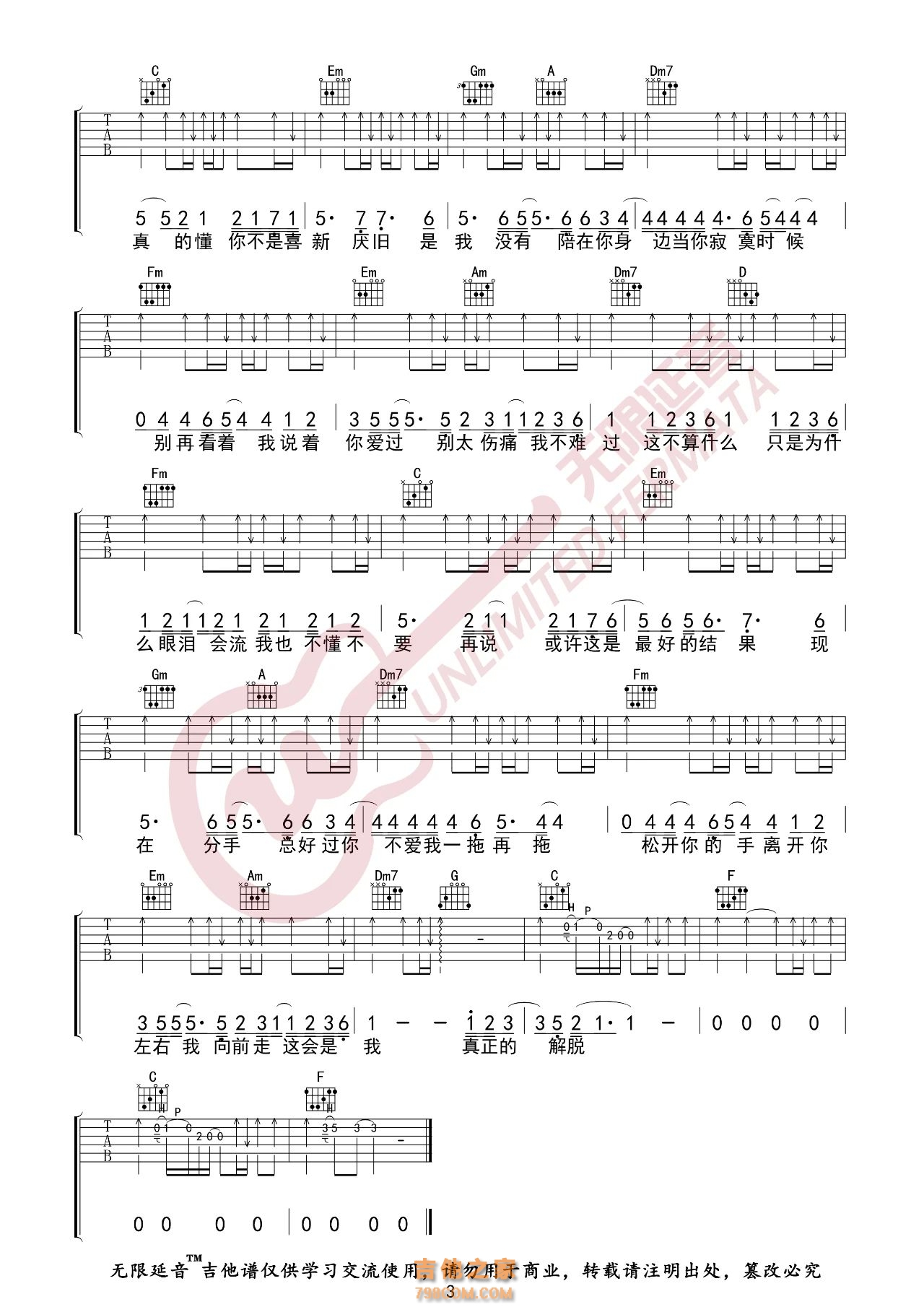孙燕姿 我不难过 吉他谱