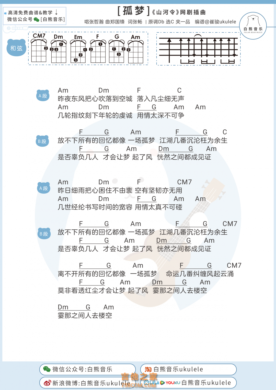 张哲瀚《孤梦》尤克里里谱