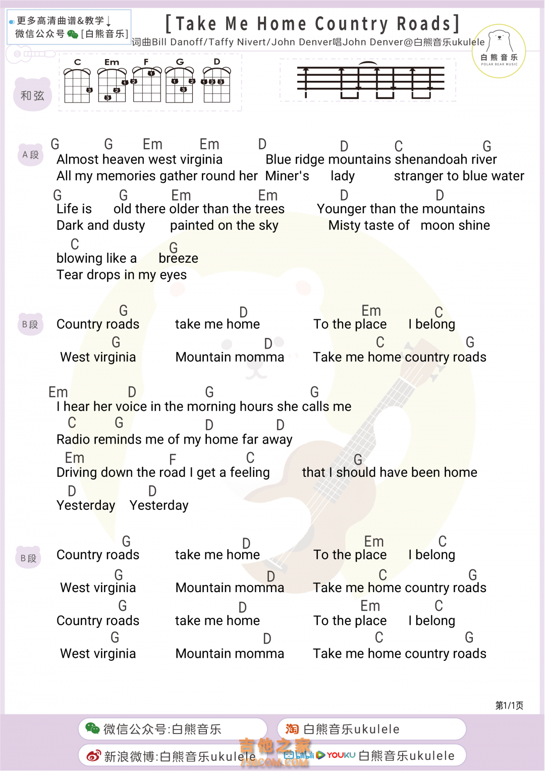 John Denver《Take Me Home, Country Roads》尤克里里弹唱谱