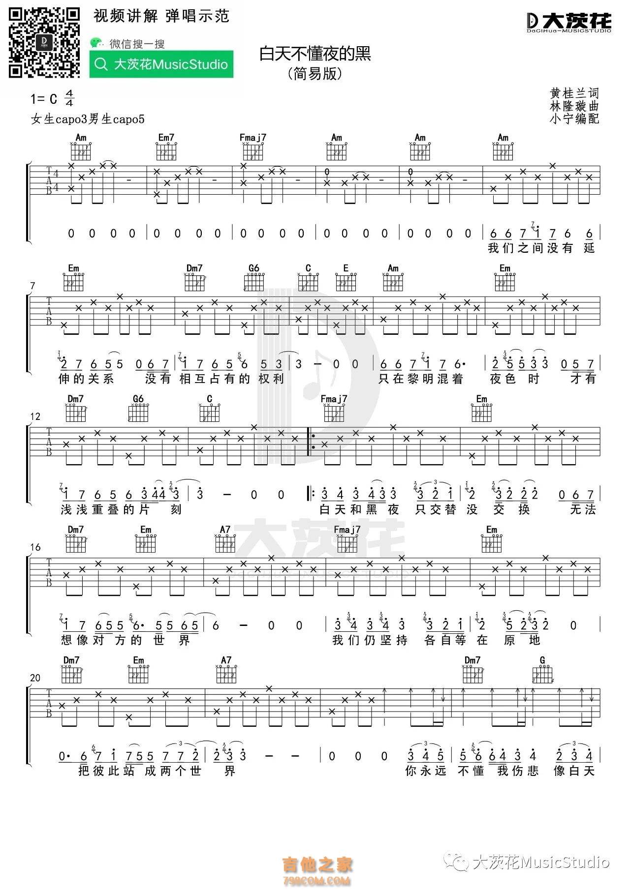 白天不懂夜的黑吉他谱