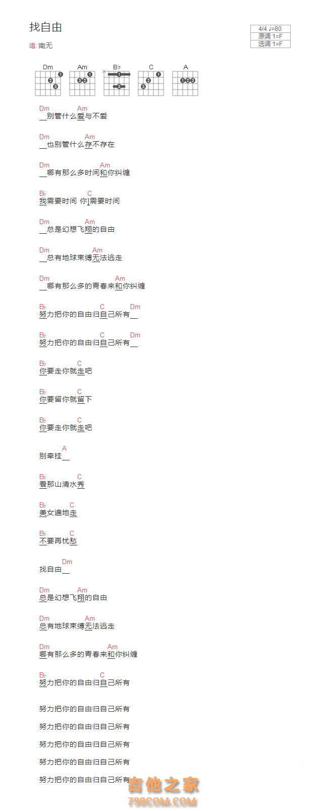 找自由吉他谱F调和弦版 南无
