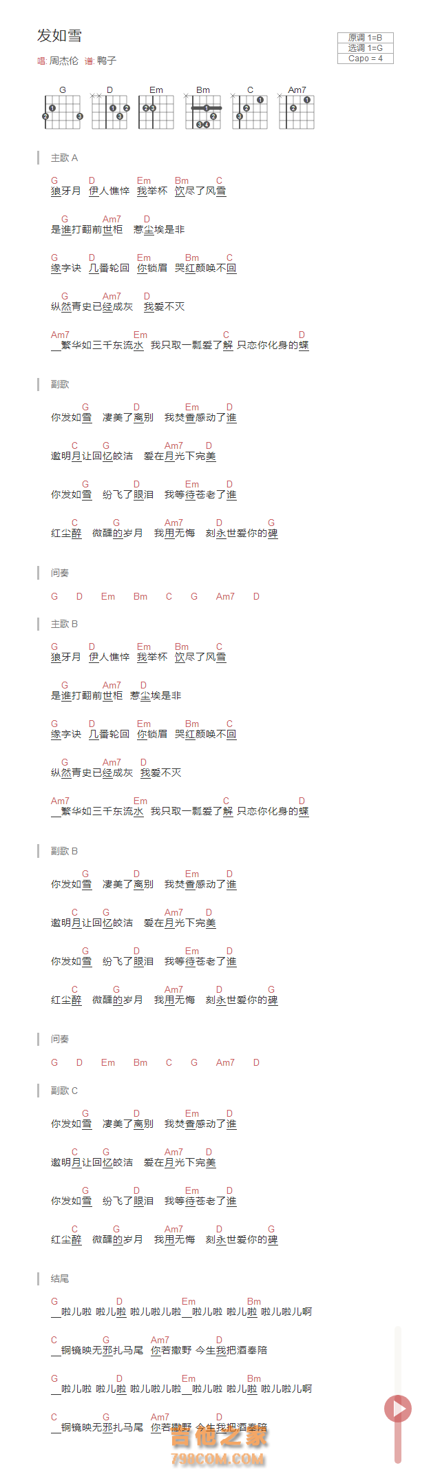 发如雪吉他谱和弦版  周杰伦