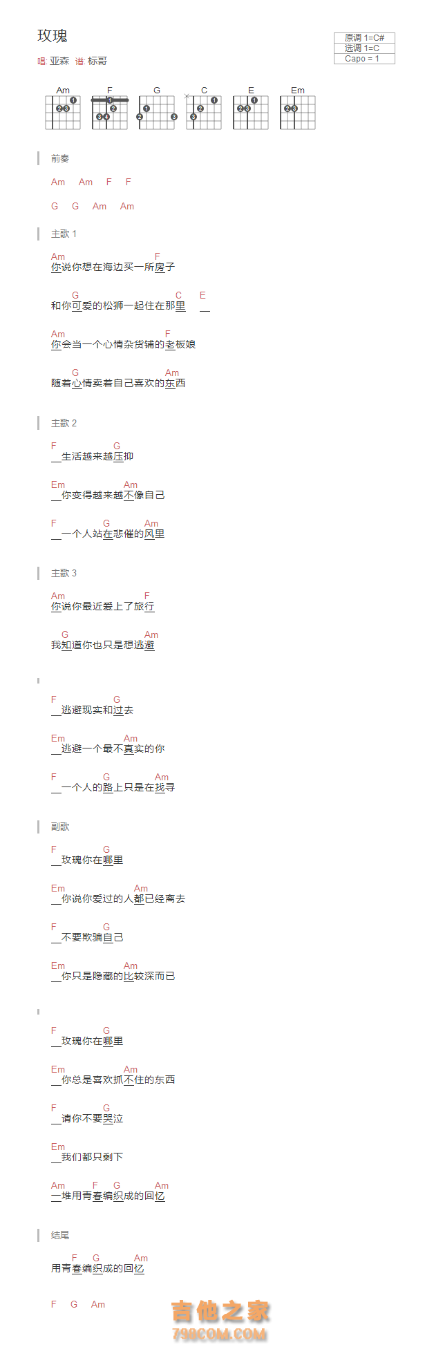 玫瑰吉他谱和弦版 亚森