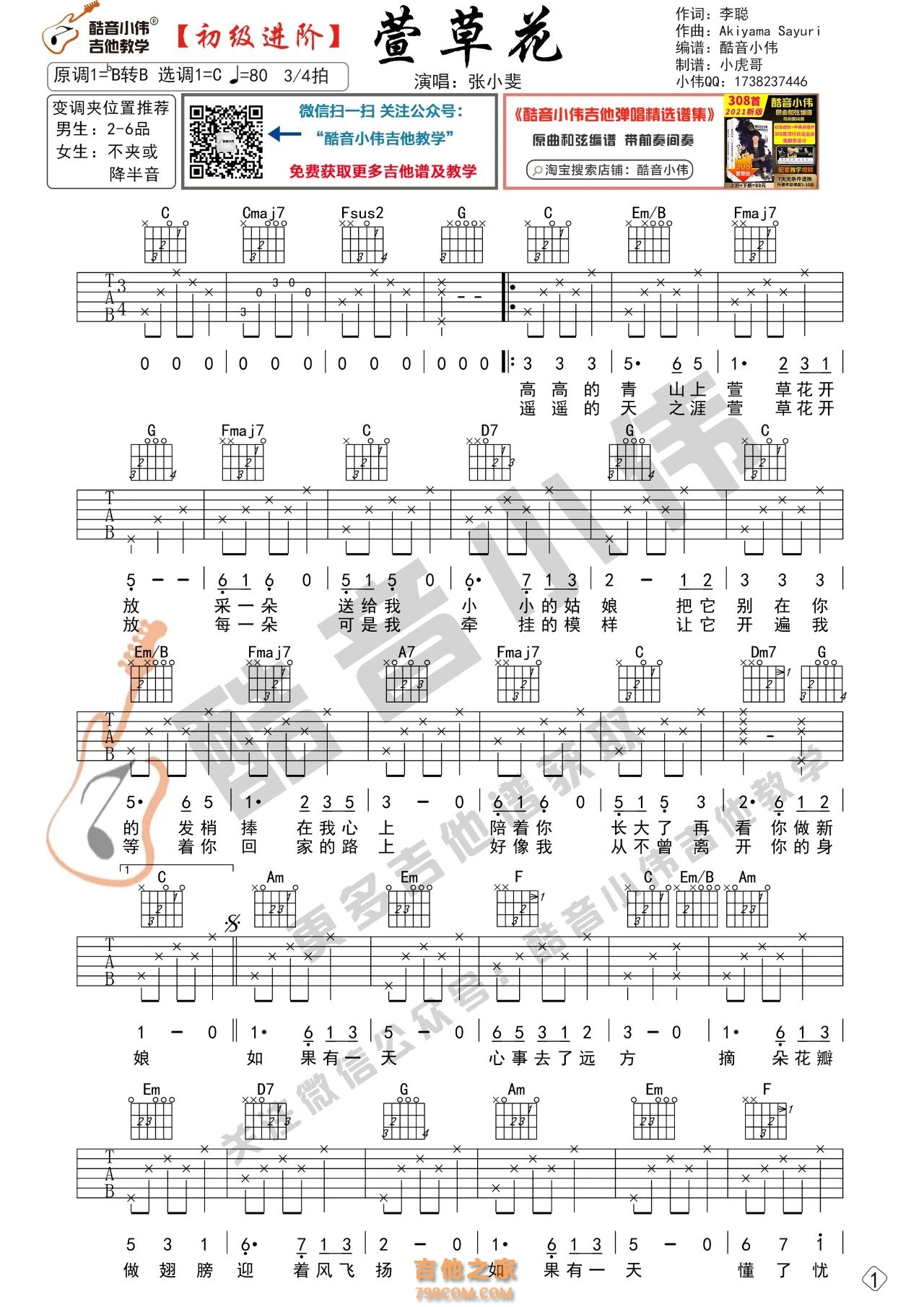 [初级版]张小斐《萱草花》吉他谱