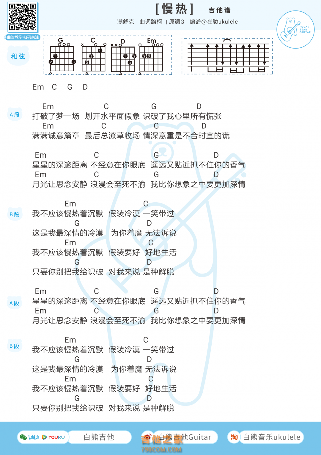 满舒克《慢热》吉他弹唱谱和弦版