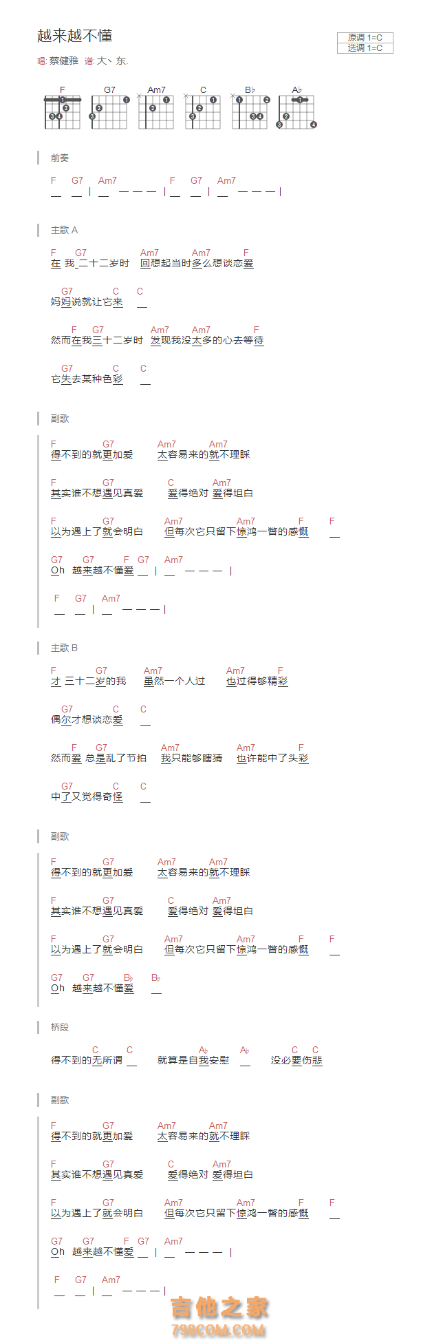 越来越不懂吉他谱C调和弦版 蔡健雅
