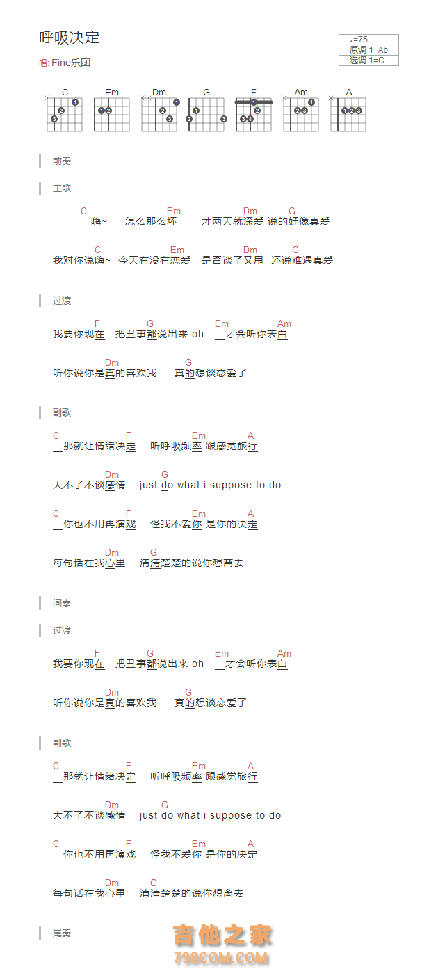 呼吸决定吉他谱和弦版 Fine乐团