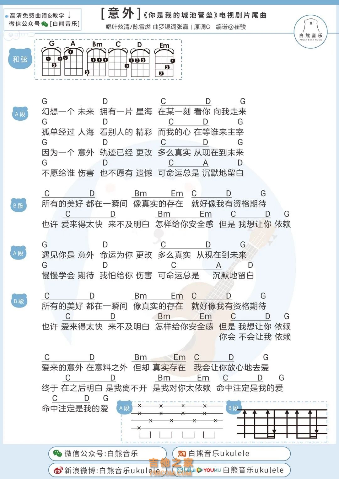 叶炫清&陈雪燃《意外》尤克里里弹唱谱