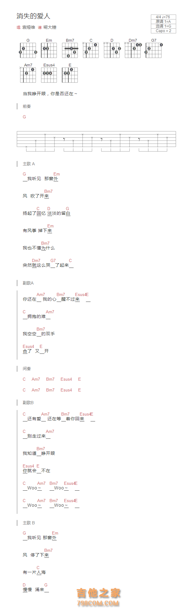 消失的爱人吉他谱和弦版 袁娅维