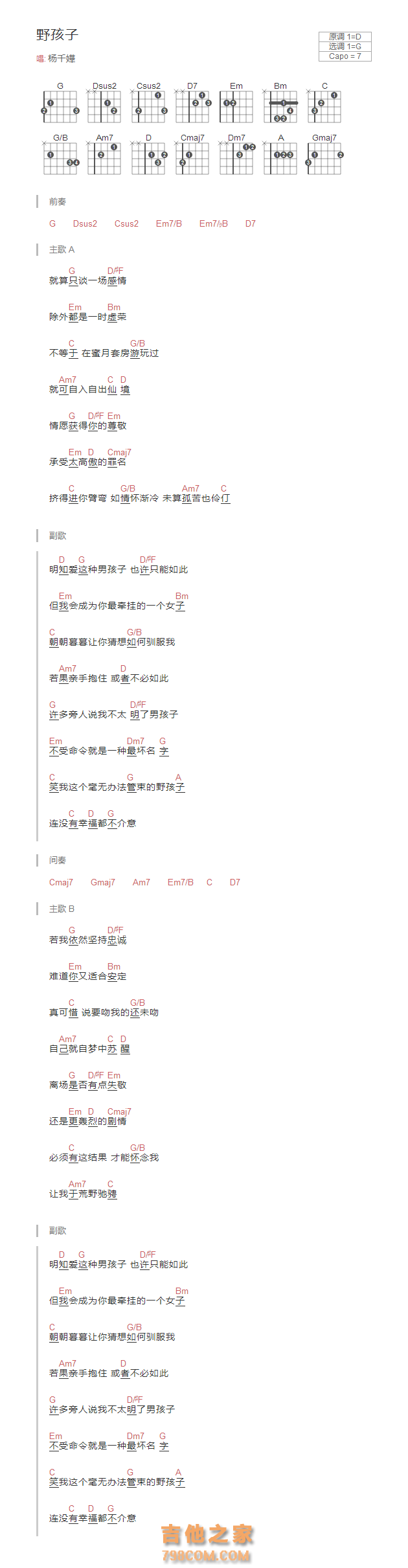 野孩子吉他谱和弦版 杨千嬅