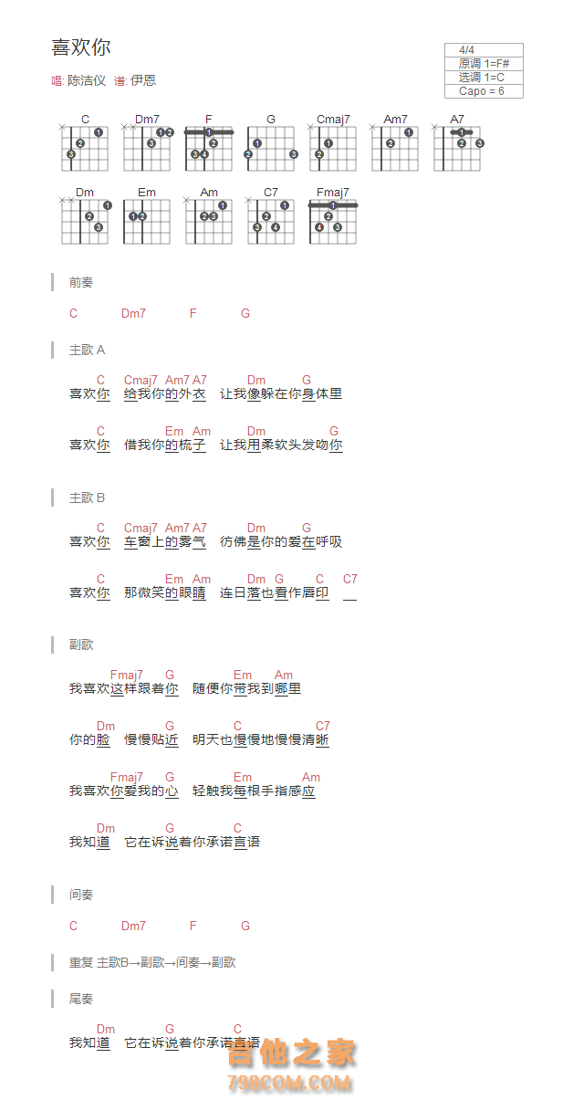 喜欢你吉他谱和弦版 陈洁仪