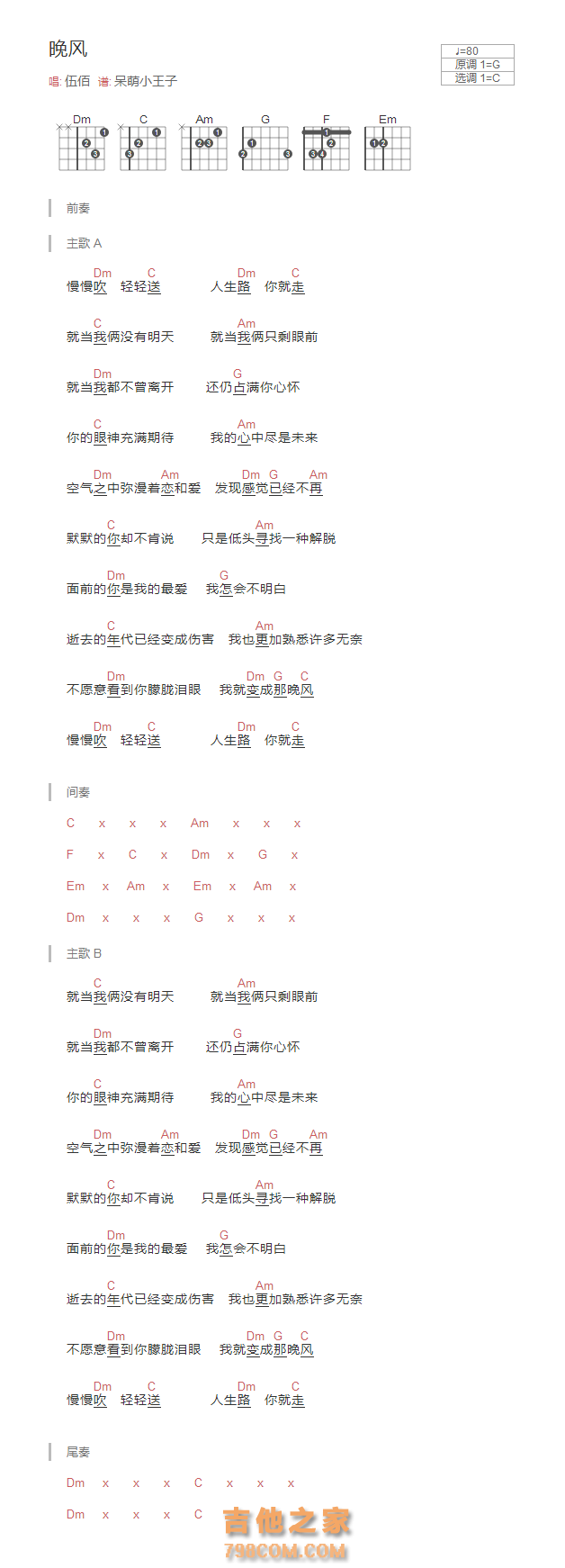 [原版]晚风吉他谱和弦版 伍佰