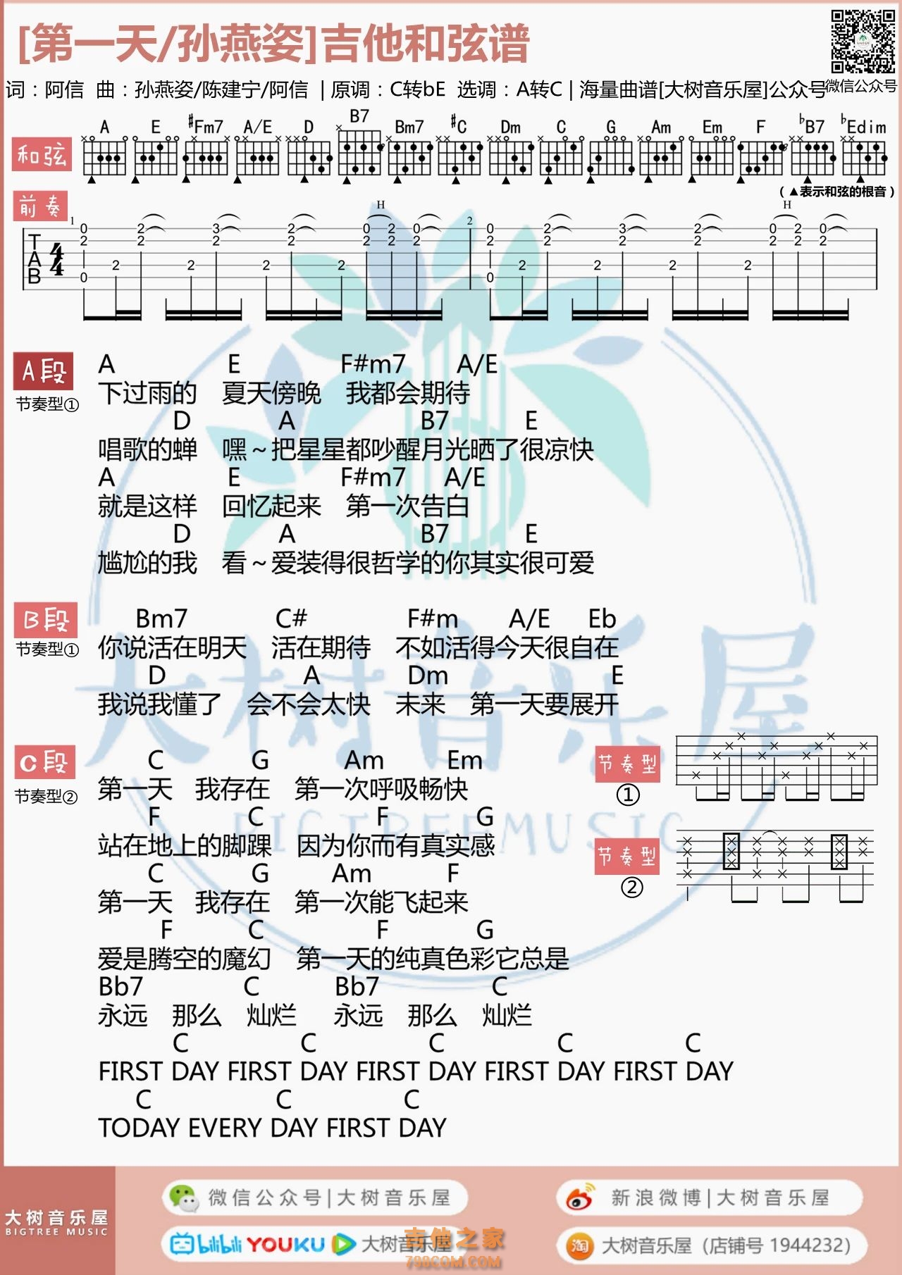 孙燕姿《第一天》吉他弹唱谱和弦版