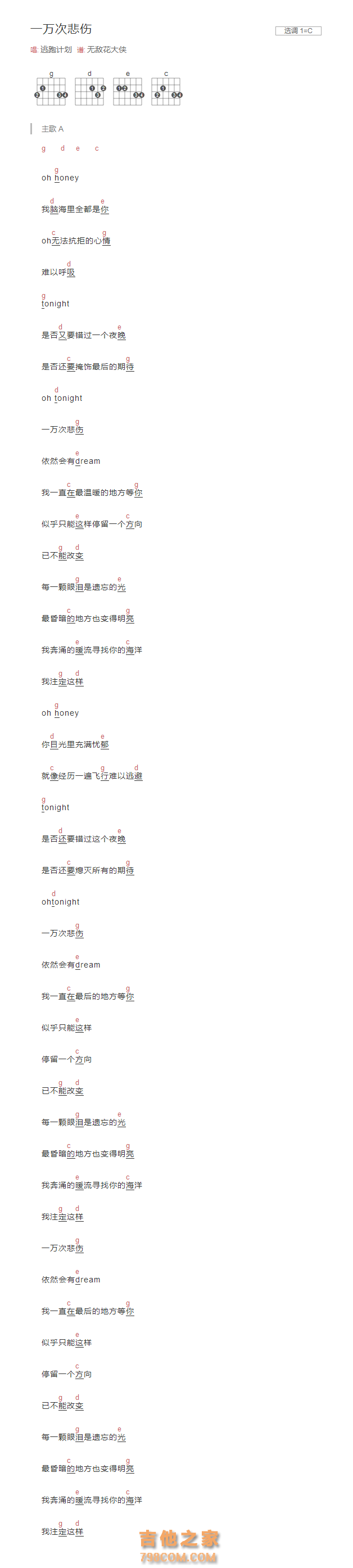 一万次悲伤吉他谱C调和弦版 逃跑计划