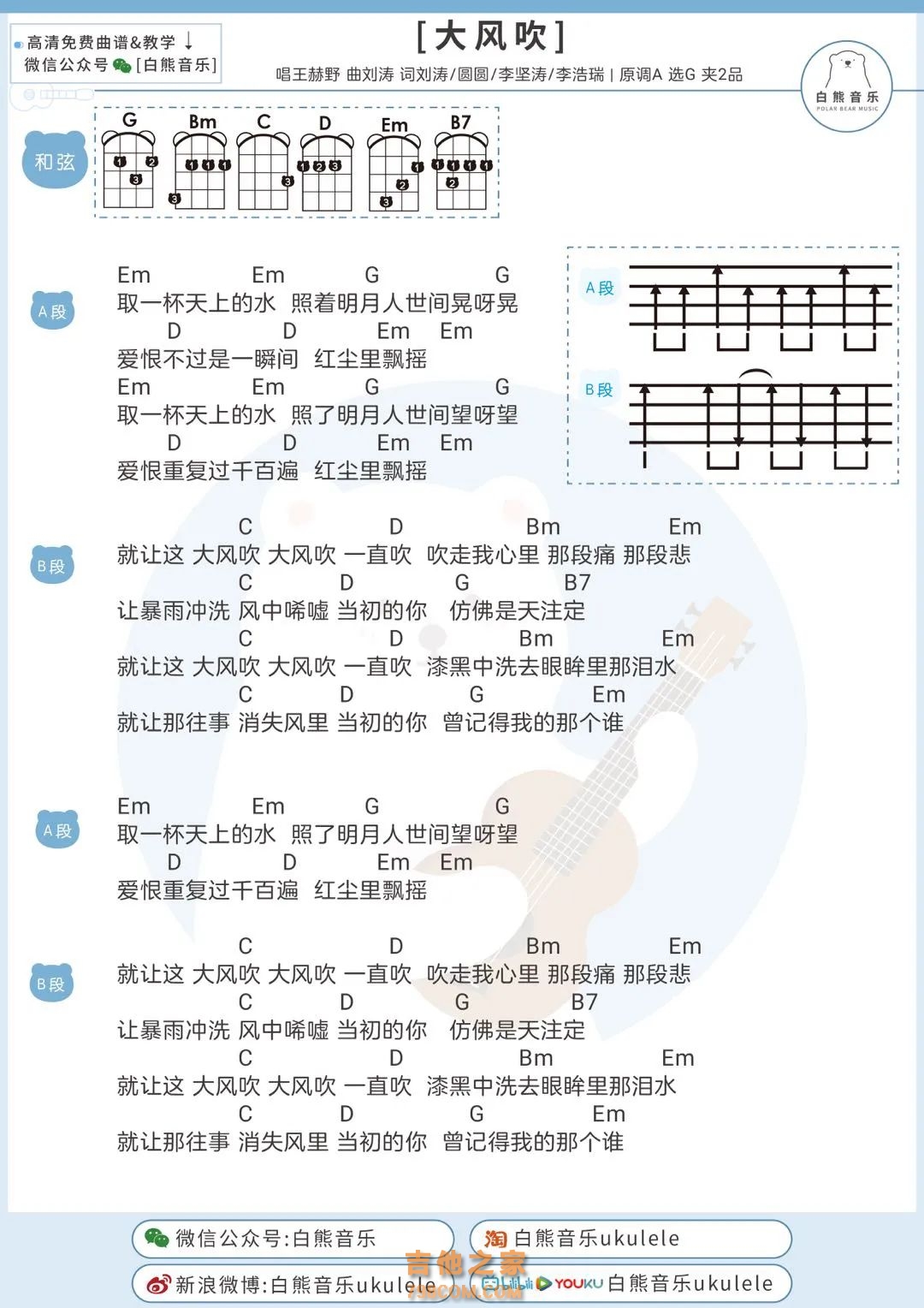 刘惜君×王赫野《大风吹》尤克里里弹唱谱 白熊音乐