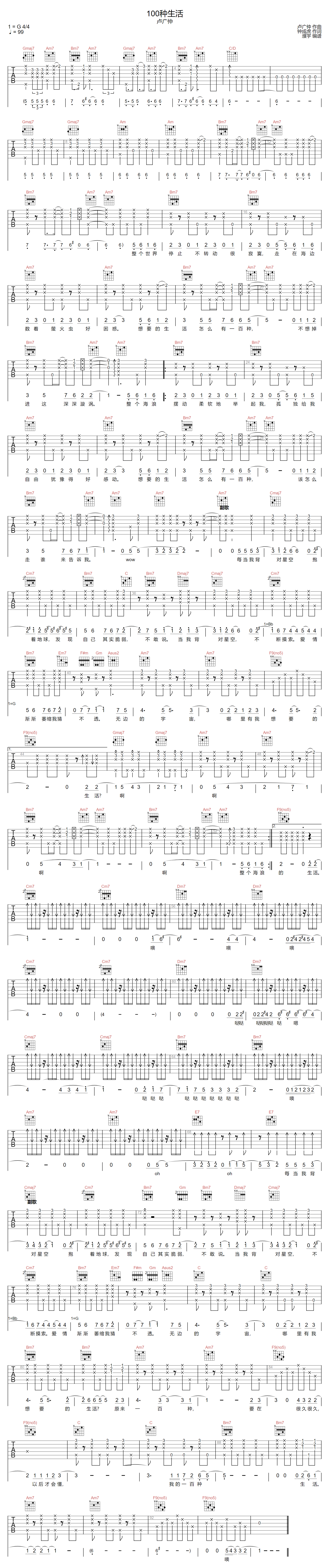 100种生活吉他谱_卢广仲_G调原版指法六线谱_吉他弹唱谱