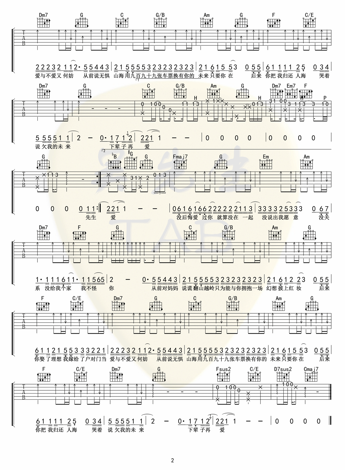 从前说吉他谱_小阿七_C调原版指法六线谱_吉他弹唱谱2