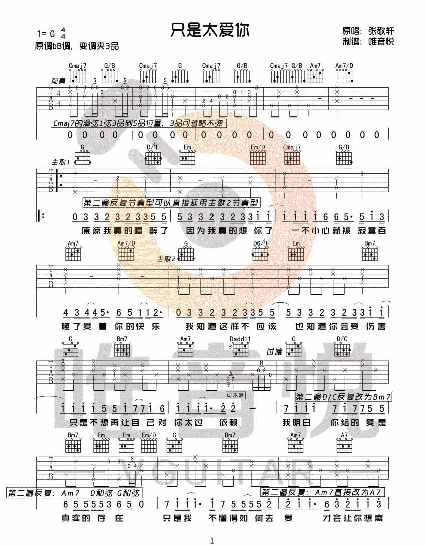只是太爱你吉他谱_张敬轩_G调原版指法六线谱_吉他弹唱谱1