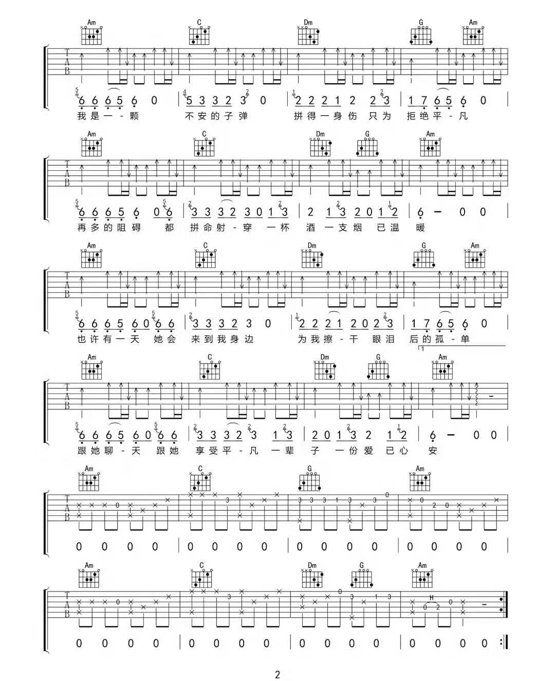 流浪的子弹吉他谱_刘旭阳_C调原版指法六线谱_吉他弹唱谱2