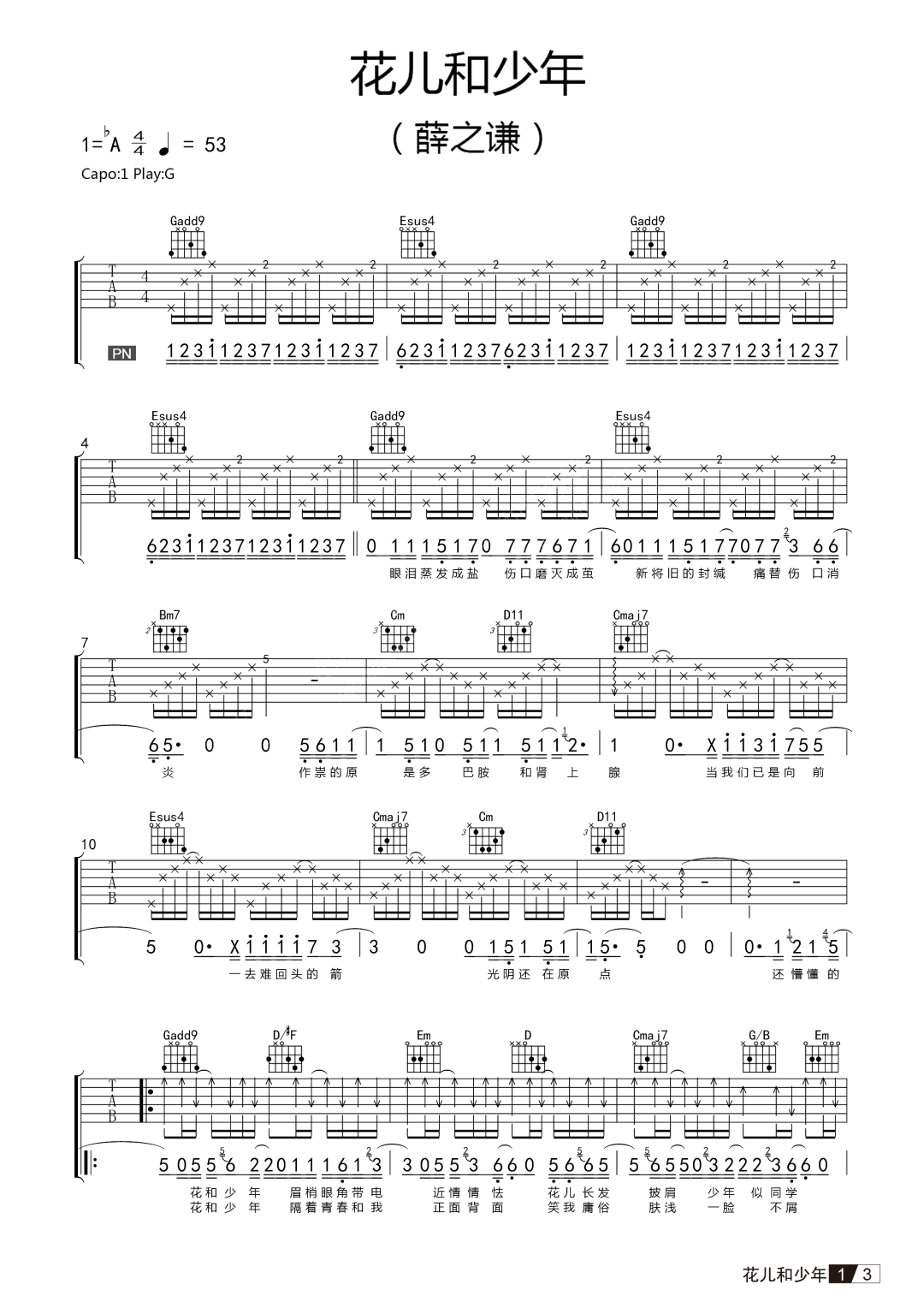 花儿和少年吉他谱_薛之谦_G调原版指法六线谱_吉他弹唱谱1
