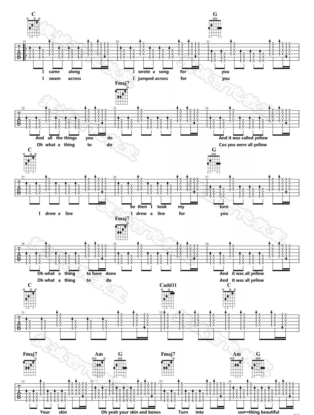 Yellow吉他谱_Coldplay_C调扫弦版指法六线谱_吉他弹唱谱2