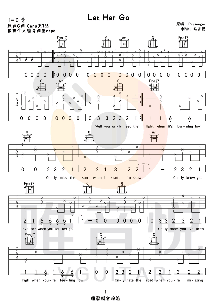 Let Her Go吉他谱_Passenger_C调原版六线谱_吉他弹唱谱1